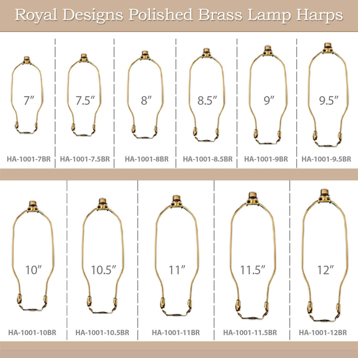 HA-1001-7BR-1 Heavy Duty Harp for Lamp Shade Holder, 7 Inch, Polished Brass Base