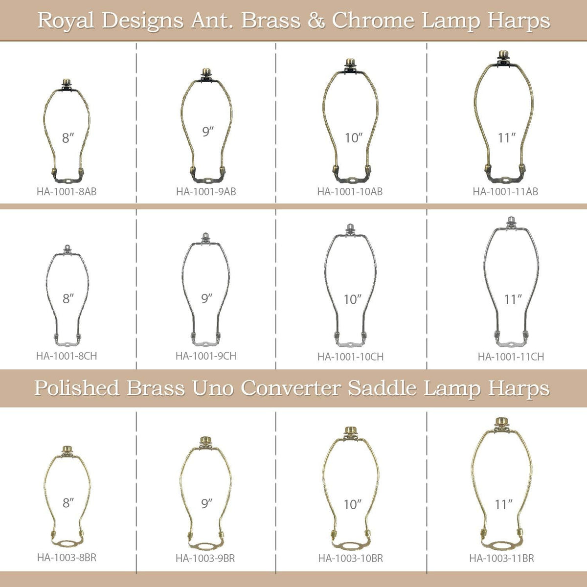HA-1001-7BR-1 Heavy Duty Harp for Lamp Shade Holder, 7 Inch, Polished Brass Base